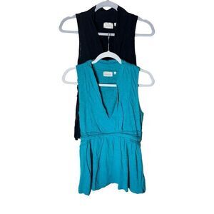 Anthropologie Deletta Tops Lot of 2 Sleeveless Black & Teal Cotton Braid S